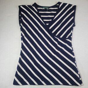Lauren Ralph Lauren Cotton Navy & White Striped V-Neck Faux Wrap-Style Top M